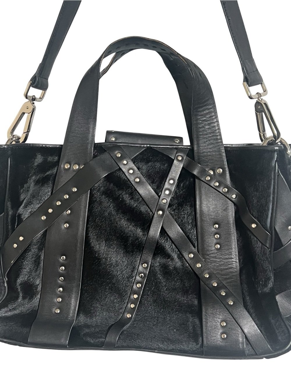 Donald J Pliner black calf hair and leather strappy silver studded satchel bag - Picture 4 of 11